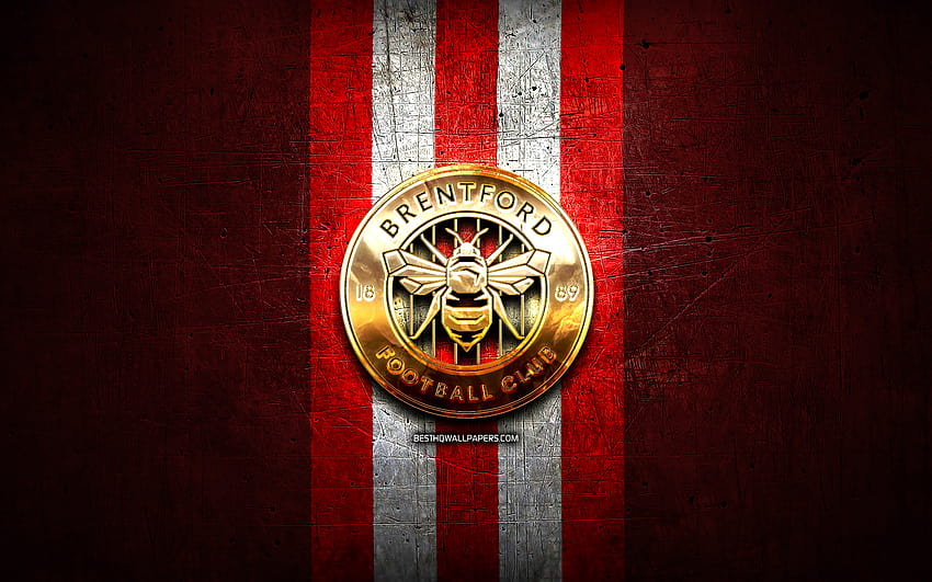 Brentford Fc Golden Logo Efl Championship Red Metal Background