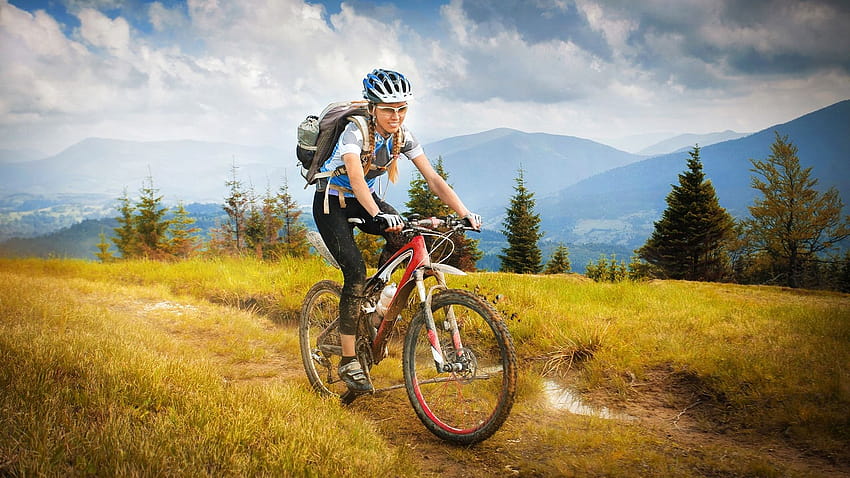Girl ride bike, travel, grass, trees, mountains 1920x1080 Full , bike trip HD wallpaper