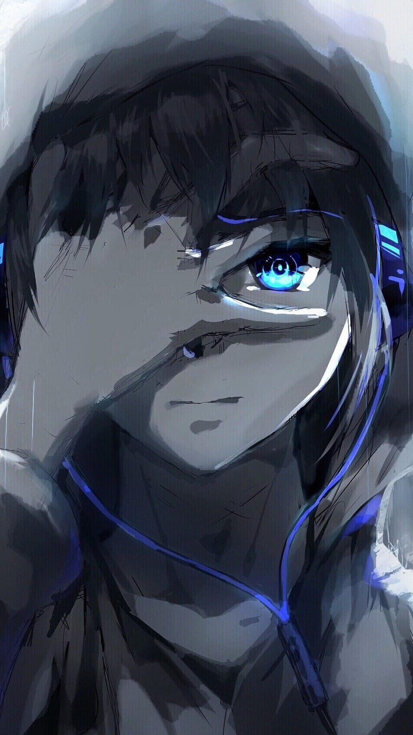 Anime Boy, Hoodie, Blue Eyes, Headphones, Painting, anime guy hoodie HD phone wallpaper