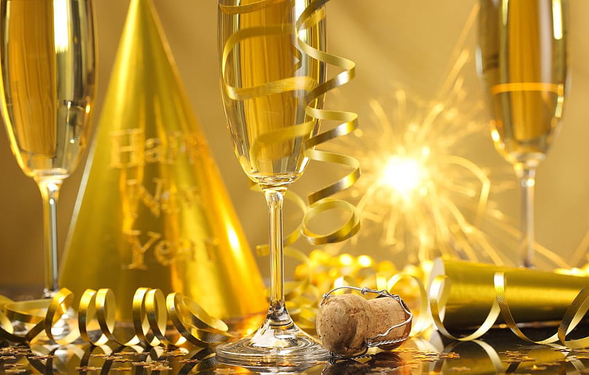 New Year, glasses, golden, champagne, serpentine, happy new year champagne glasses HD wallpaper