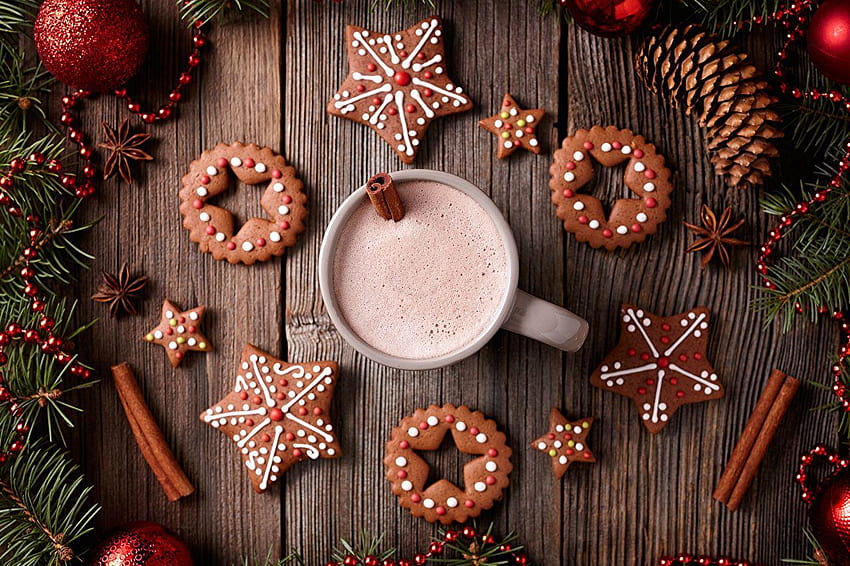 Nouvel an Étoile décoration cacao Tasse Nourriture Biscuits Conifère, Nourriture de Noël Fond d'écran HD