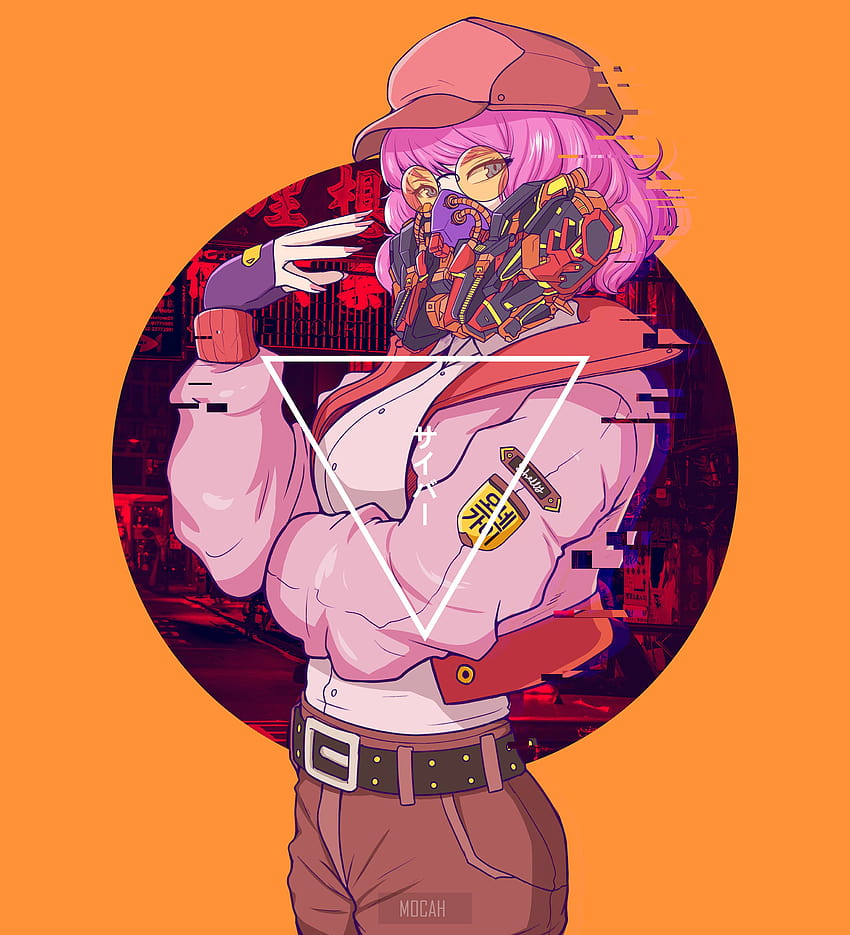 Anime cyberpunk male with pink hair and glasses standing in city