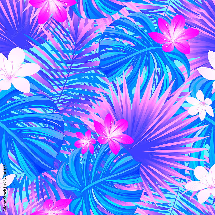 Spring floral background. Colorful tropical seamless pattern. tropic repeat texture. Exotic leaves, flowers. Vector . Colored backdrop with jungle plants. Bright violet and purple colors. Stock Vector, spring floral pattern HD phone wallpaper