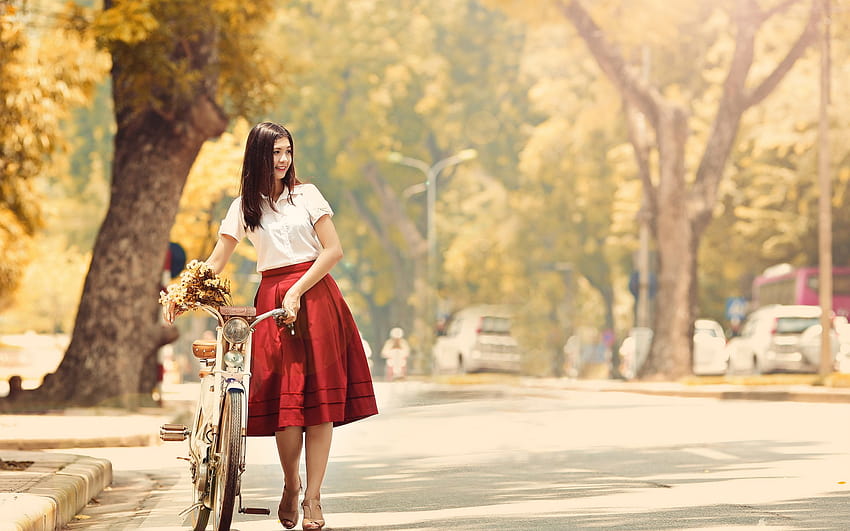Vintage, Bicycle, Classic, Red, Dress, Summer, Street, Autumn, Girl, Beautiful / and Mobile Backgrounds, bicycle summer HD wallpaper