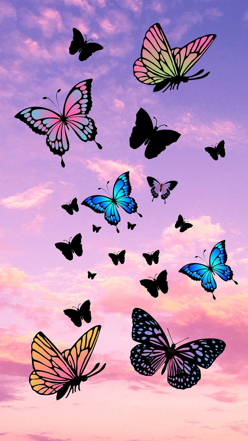 Butterflies in the pink sky, butterfly girl at sunset HD phone wallpaper