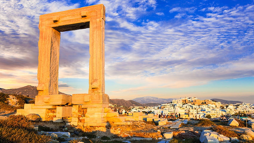 아폴로 신전의 입구 유적, 석양의 포르타라 문, 낙소스 섬, 그리스 HD 월페이퍼