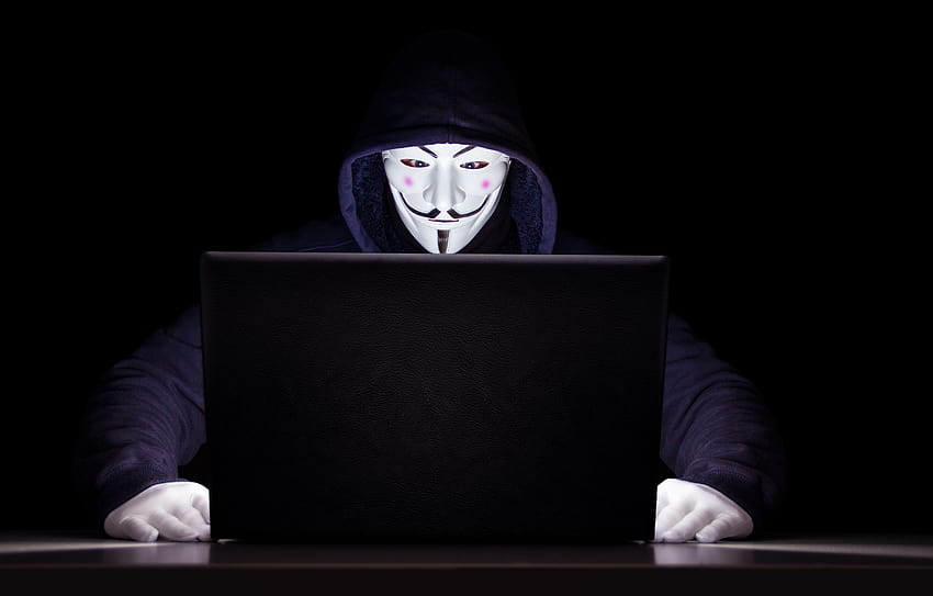 Anonymous , Hacker, Laptop, Black background, Technology, black laptop HD wallpaper