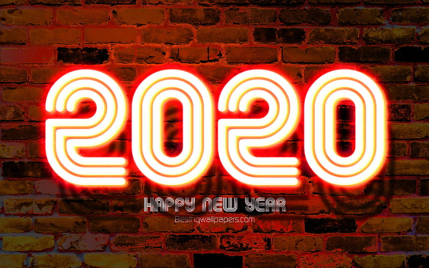 2020 orange neon digits, Happy New Year 2020, orange brickwall, 2020 neon art, 2020 concepts, orange neon digits, 2020 on orange background, 2020 year digits with resolution HD wallpaper