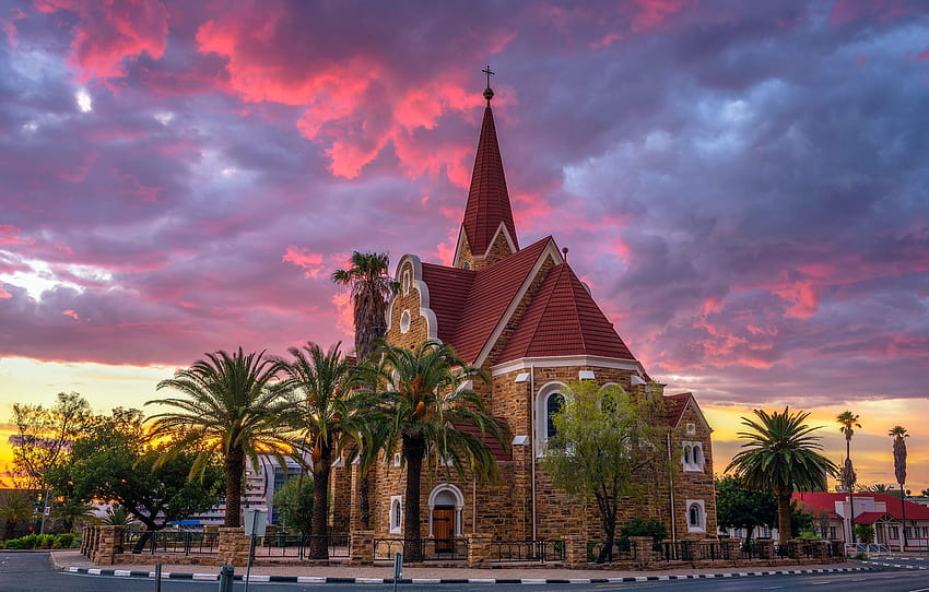 road, sunset, clouds, the city, palm trees, the evening, Church, architecture, Namibia, capital, Windhoek , section город HD wallpaper