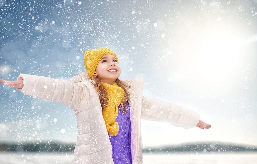 winter, light, snow, joy, hat, child, hands, scarf, little ballerinas winter HD wallpaper