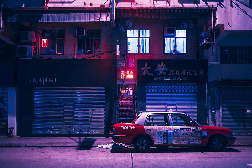 sedan putih dan merah, Kowloon, Hong Kong, Cina, gelombang uap, lampu neon • Untuk Anda Untuk & Seluler, gas neon Wallpaper HD