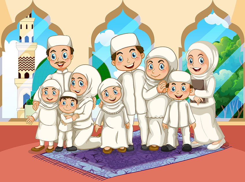 Сцена с анимационен герой от мюсюлманско семейство 1868482 Vector Art във Vecteezy, анимационен филм от мюсюлманско момиче със семейството HD тапет