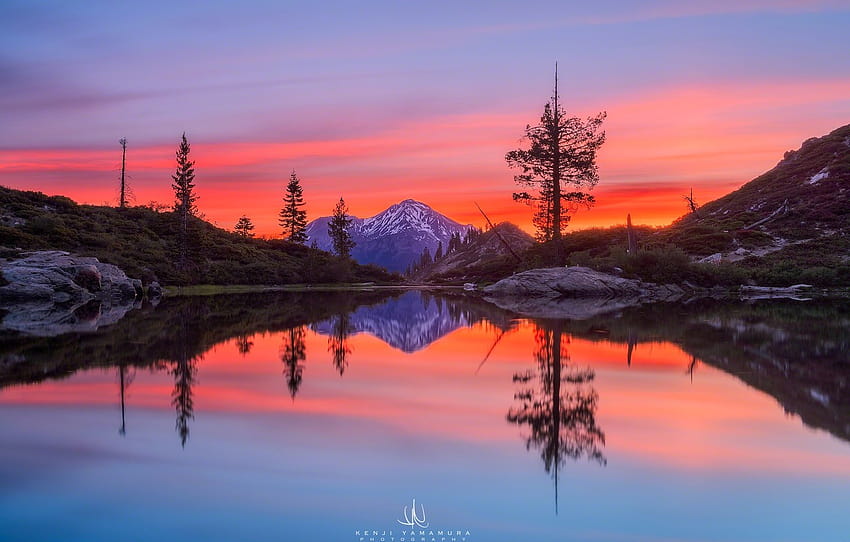 dawn, mountain, grapher, pond, California, Mount Shasta, Kenji Yamamura, Castle Lake , section пейзажи HD wallpaper