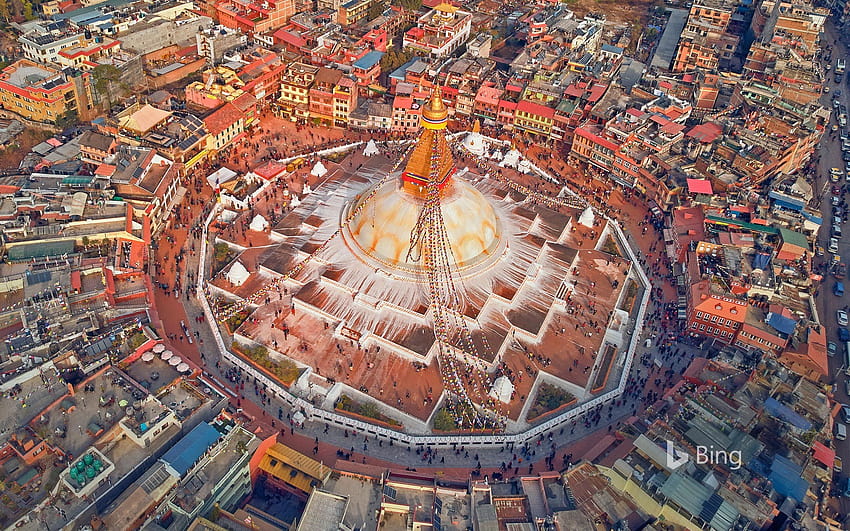 Vista aérea de la estupa Boudhanath en Katmandú, Nepal fondo de pantalla
