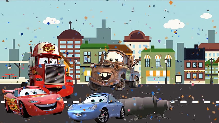 色を学ぶ Disney Cars Sally Carrera Crash Need Help from Lighting McQueen Tow Mater Mac Truck 高画質の壁紙