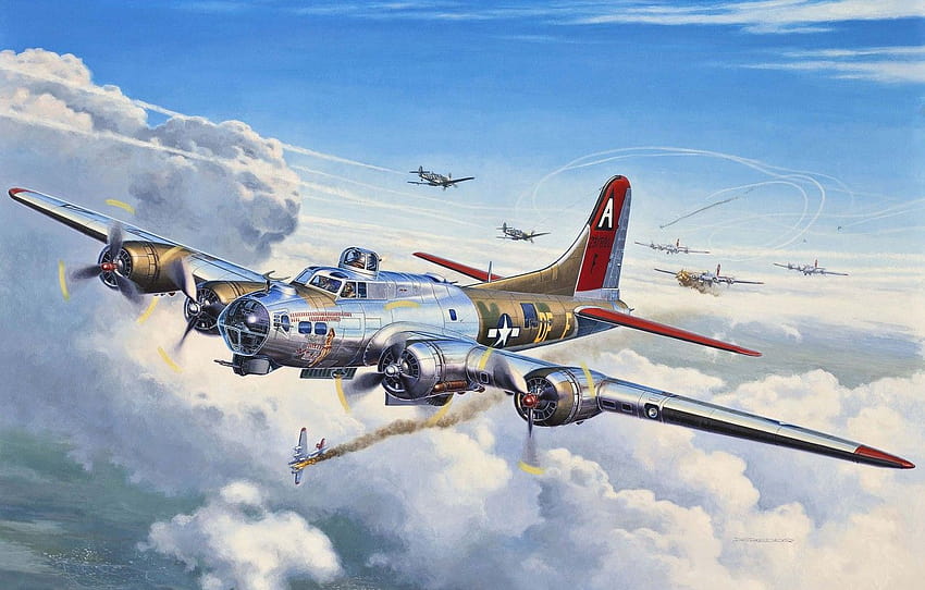 飛行機、戦闘、芸術、アメリカ、要塞、爆撃機、アメリカ人、ボーイング、BBC、重い、乗組員、リンク、B、ww2 b 17 高画質の壁紙
