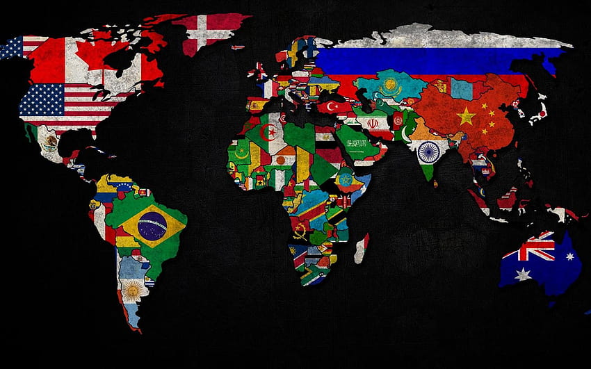 world map with flags, grunge, world map, grunge map HD wallpaper