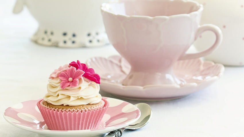Cake cupcake cream white flowers pink food dessert sweet dishes, dessert time HD wallpaper