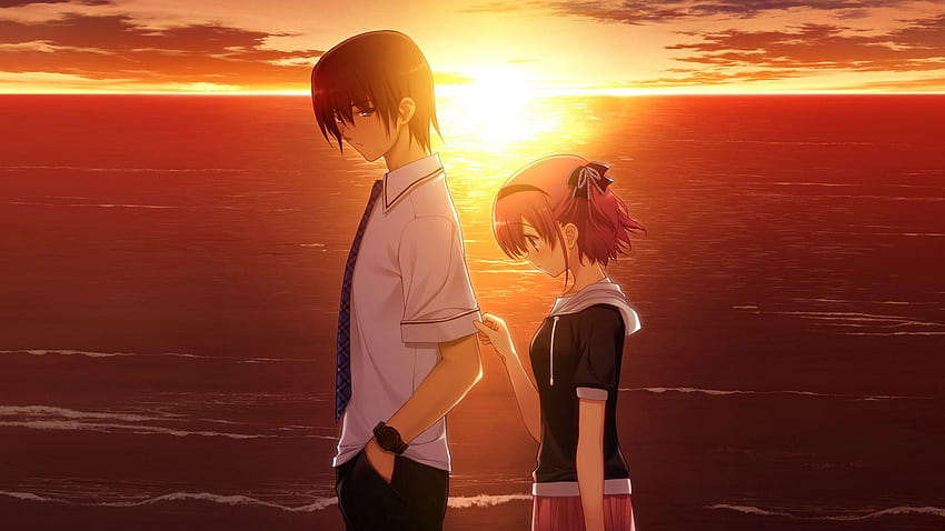 1920x1080 boy, girl, sad, sunset, sea backgrounds, sad boy anime HD wallpaper