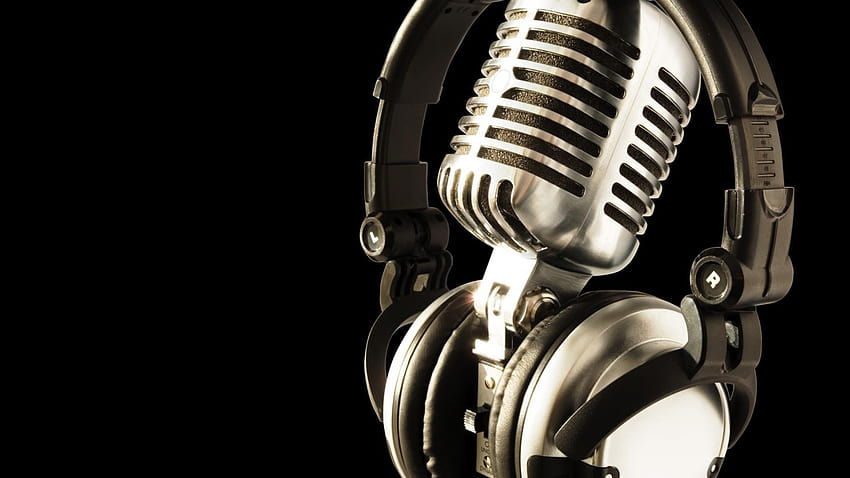 Latar belakang hitam headphone mikrofon studio musik Wallpaper HD
