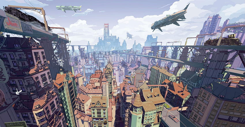 Tier, Arsenixc, Vogel, Gebäude, Stadt, Wolken, Landschaft, Anime-Stadtlandschaft HD-Hintergrundbild
