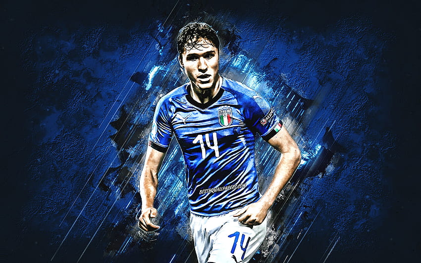 Federico Chiesa, Italy national football team, italian soccer player, portrait, blue stone background, Italy, football with resolution 2880x1800. High Quality HD wallpaper