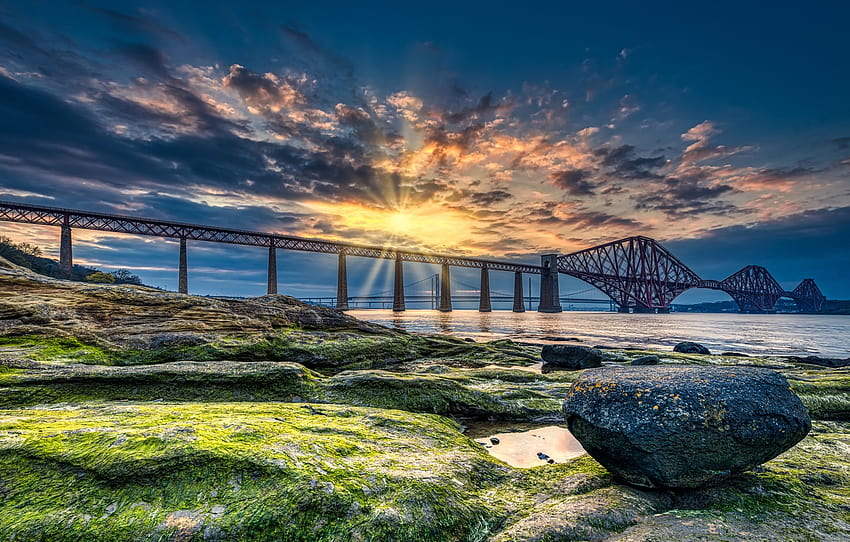 พระอาทิตย์ตก, สะพาน, ชายฝั่ง, หิน, สกอตแลนด์, อ่าว, สกอตแลนด์, Forth Bridge, Fort Bridge, The Bay of the Firth of Fort, Firth of Forth , ส่วน пейзажи วอลล์เปเปอร์ HD