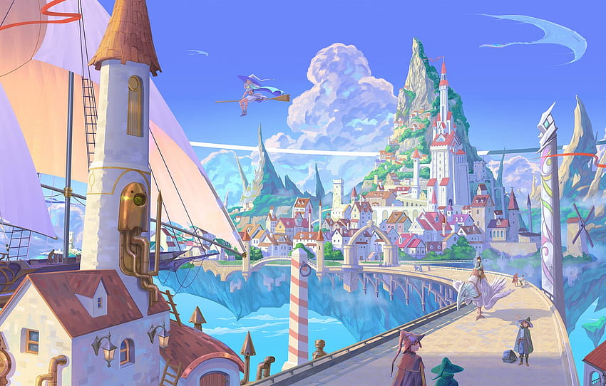 la ciudad, barco, fantasía, bruja, escoba, isla flotante, sección арт, ciudad flotante fondo de pantalla