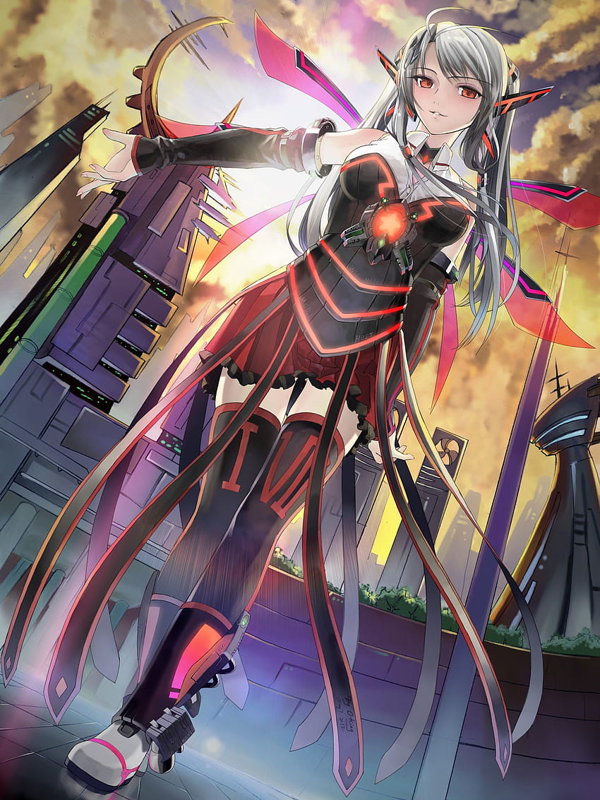 robot, futuristic, red eyes, thigh highs, gray hair, anime girls, anime red and gray HD phone wallpaper