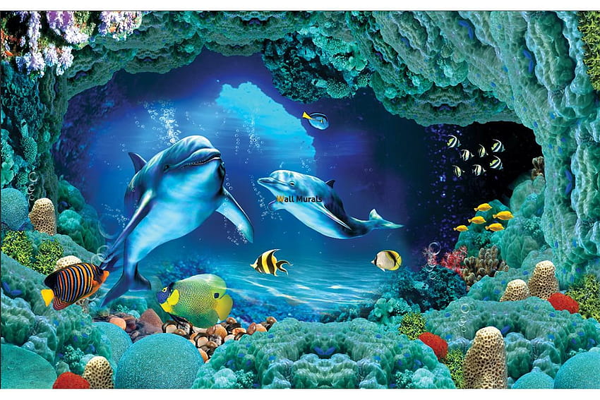 стенопис 3D визуализация морско дъно с делфини в 2 цвята, делфин 3d HD тапет