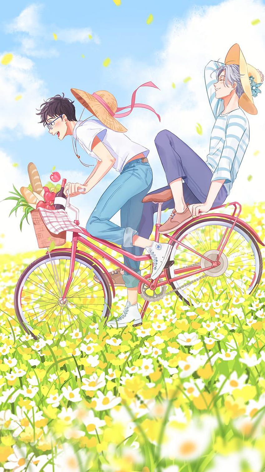 Anime bike summer boys cute happy flower, bicycle summer HD phone wallpaper