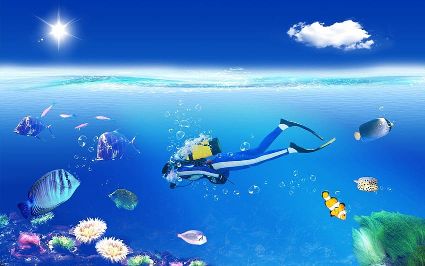 Samsung, Iphone Xr, Fishes, Diving, Bubbles Art, Sea, Scuba, Ocean, Vector, Underwater, , Sports, Tropical .jpg HD wallpaper