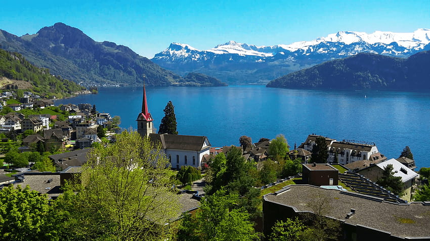 View to village Weggis, lake Lucerne HD wallpaper
