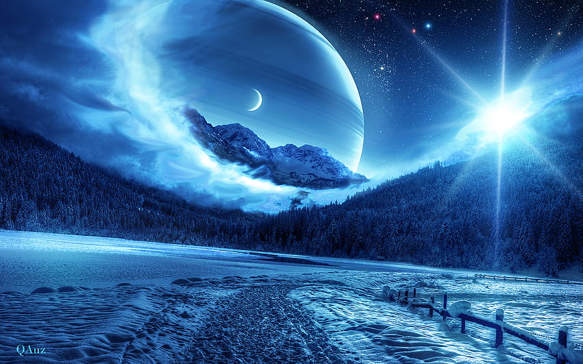 Snow Road Winter night Sun Moon Stars Winter road and [1920x1200] for your , Mobile & Tablet HD wallpaper