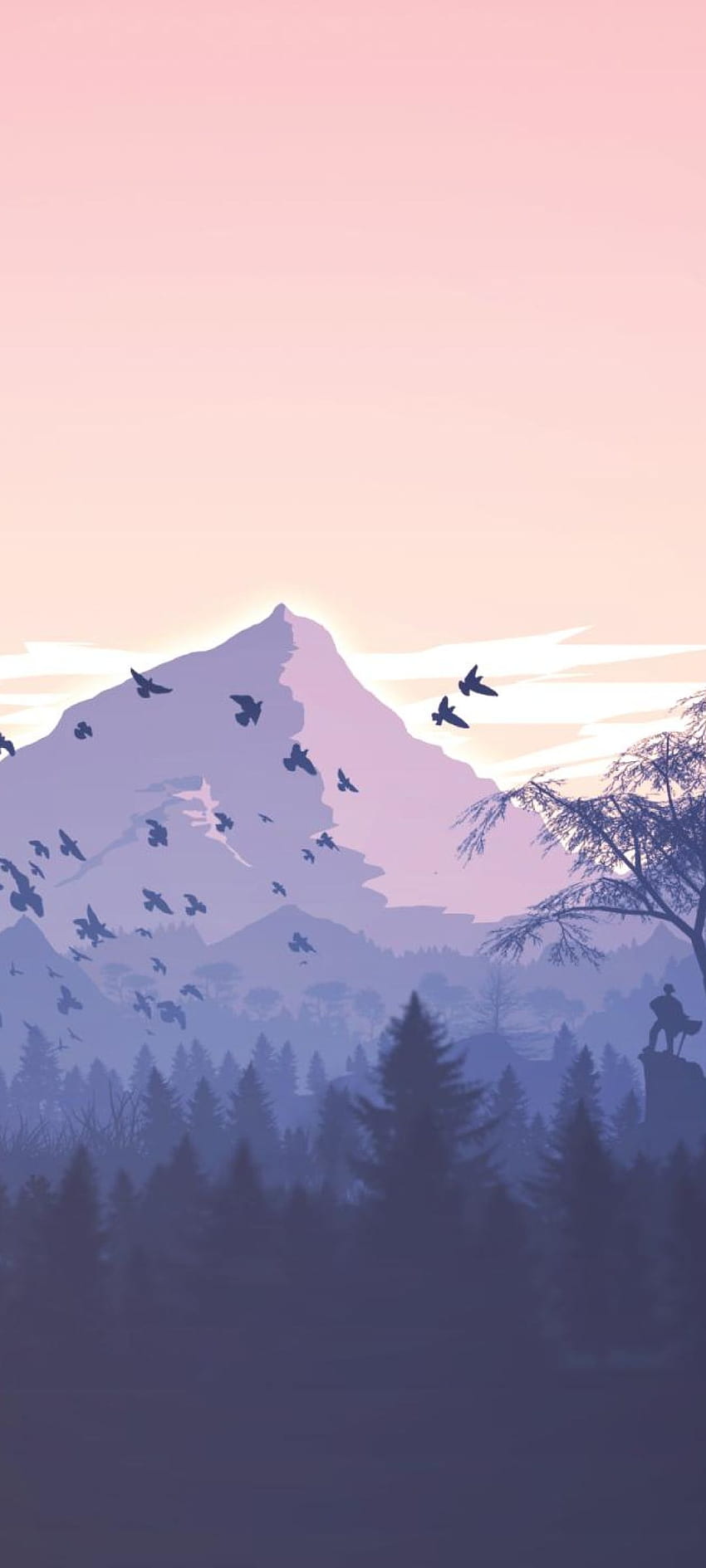 1080x2400 Minimalism Birds Mountains Trees Forest, mobile 1080x2400 HD phone wallpaper