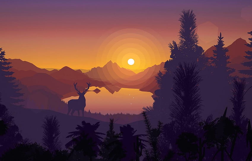 sunset, mountains, lake, vector, deer, silhouette, sunset silhouette mountains HD wallpaper