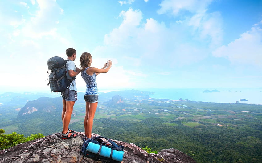 couple, travel, mountain, top, backpack, height, vacation mountain HD wallpaper