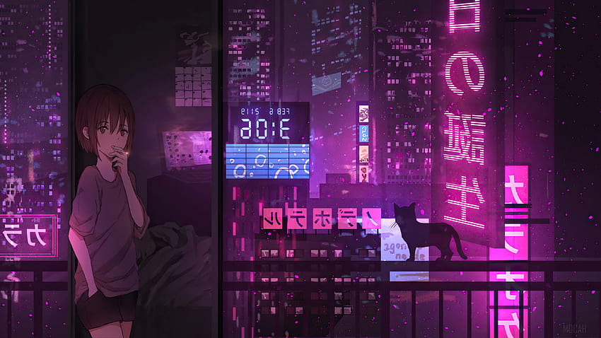 356355 Anime Girl City Night Neon Cyberpunk, anime purple HD wallpaper