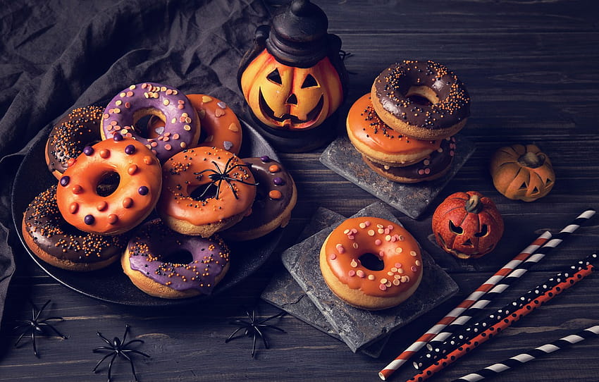 spider, Halloween, pumpkin, Halloween, donuts, cakes, sweet, sweet, glaze, pumpkin, Holidays, baking, donuts , section еда, cake halloween HD wallpaper