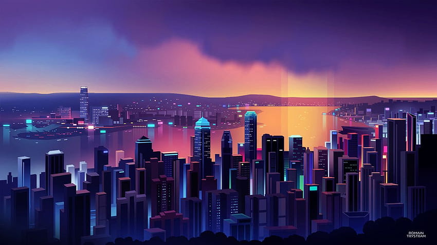 Тези невероятни илюстрации на градски хоризонт изглеждат като нещо от футуристична видео игра, град на играта HD тапет