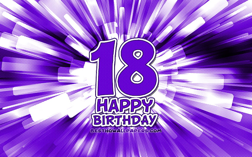 Feliz cumpleaños 18, rayos abstractos violetas, fiesta de cumpleaños, creativo, feliz cumpleaños de 18 años, fiesta de cumpleaños 18, arte de dibujos animados, concepto de cumpleaños, cumpleaños 18 con resolución 3840x2400. Alta calidad, cumpleaños número 18 fondo de pantalla