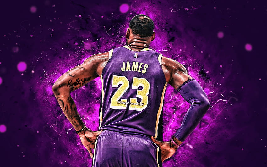 LeBron James, tampak belakang, NBA, Los Angeles Lakers, seragam ungu, bintang bola basket, LeBron Raymone James Sr, lampu neon, LeBron James , bola basket, LA Lakers, kreatif, LeBron James Lakers untuk Wallpaper HD