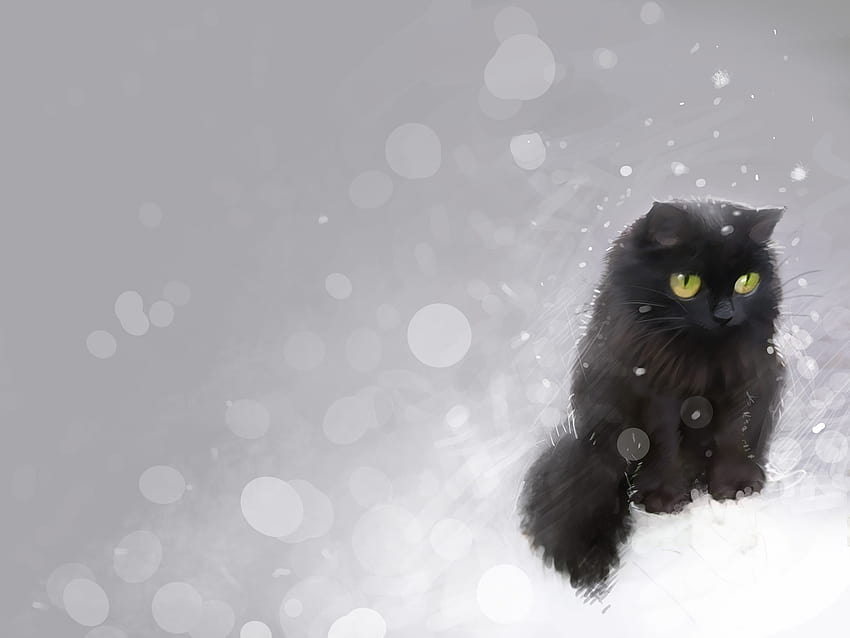 Artistic Black Cat in the Snow and Backgrounds, cute winter cat HD wallpaper