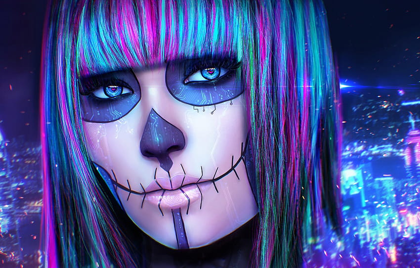 eyes, look, girl, face, skull, makeup, art, cyberpunk, Synesthesia , section живопись HD wallpaper