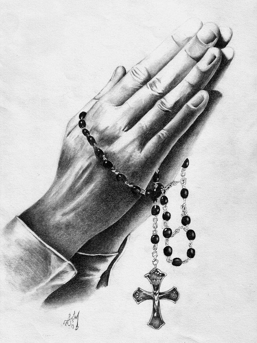 Dibujo a lápiz de rosario en mano, manos rezando con rosario fondo de pantalla del teléfono