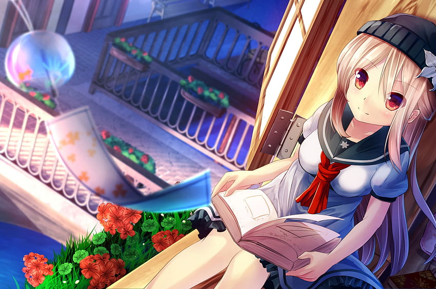 2560x1700 Anime Girl, Sitting, Reading A Book, School Uniform, Wind for Chromebook Pixel, anime girl reading book HD wallpaper
