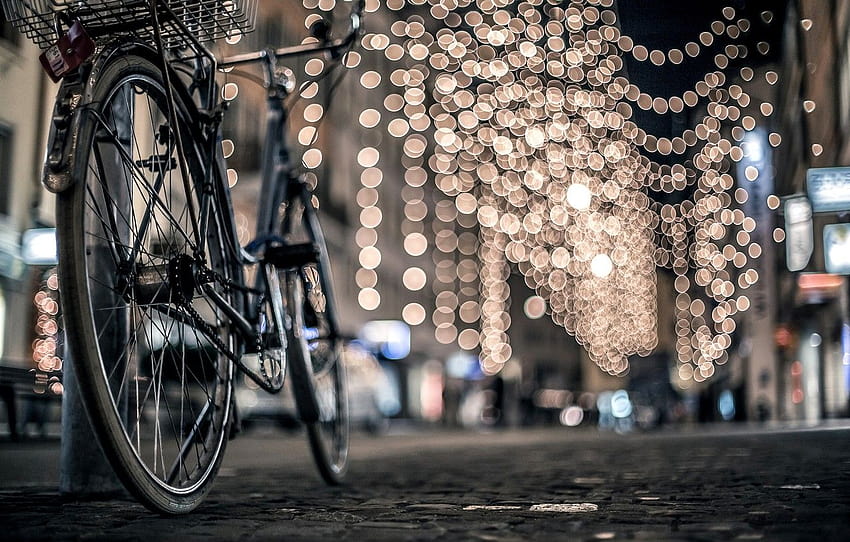winter, road, night, bike, the city, lights, street, post, pavers, bokeh , section город, winter bike HD wallpaper
