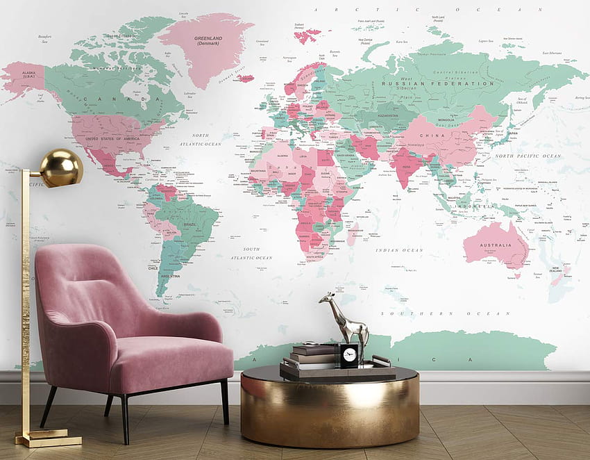Mapa de Muralha Mapa do Mundo Político Mural de Parede Rosa Mapa Mapa Verde Mural de Parede Sala de Estar: Produtos Feitos à Mão papel de parede HD