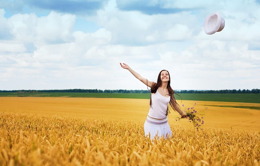 field, girl, trees, joy, happiness, smile, backgrounds, joy and happiness HD wallpaper