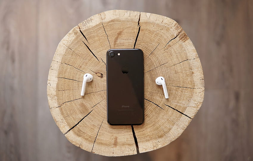 macro, árbol, negro, iPhone, tocón, auriculares, madera, rebanada, tocón, EarPods, iPhone 7, sección hola fondo de pantalla